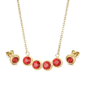 Titanium steel jewelry set with red zircon necklace and matching stud earrings for women