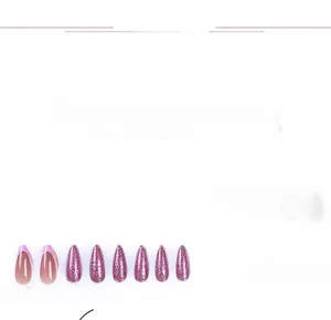 Detail of 24pcs purple almond press-on nails with rhinestone and glitter finish