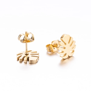 Pair of golden monstera leaf stud earrings in stainless steel with brushed metal texture