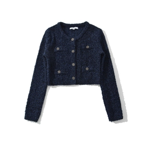 Cardigan in maglia blu marina da donna con bottoni dorati e classica trama in tweed