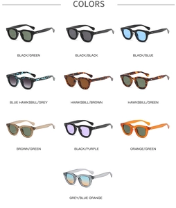 Matrix display showing ten color variants of retro round-frame sunglasses with thick frames