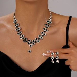 Luxury multilayer necklace and earrings set with green floral crystals and silver finish