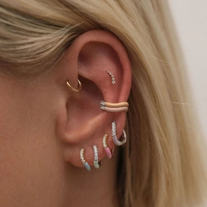 Close-up of S925 sterling silver colorful enamel hoop earrings with pavé zircon setting