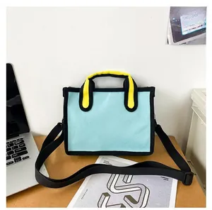 Detailed view of 2D cartoon style light blue canvas tote bag with black outlines