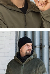 Detail of green fleece-lined thermal outdoor jacket with knit hat and scarf set