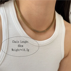 Minimalist gold stainless steel thick mesh chain necklace for women worn by a model