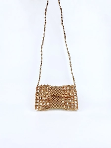 Handmade Beaded Crossbody Bag Hollow Woven Metal Artificial Pearl Mini Phone Handbag For Evening Party Women Elegant Chain Strap