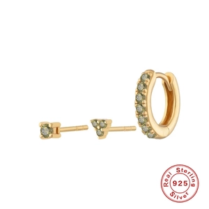 Detail view of gold S925 sterling silver trinity earrings set with green cubic zirconia