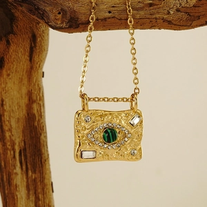 Elegante 18k vergoldete Kette mit bösem Blick Anhänger aus Malachit und weißem Zirkon