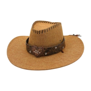 Chapeau de cowboy vintage en paille à large bord avec boucle de cœur en strass