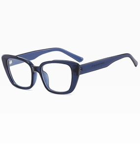 Detail view of dark blue cat-eye glasses frame with 50-18-140 size markings and CE logo