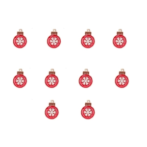 Detailed grid layout of ten red circular enamel charms with white snowflake designs