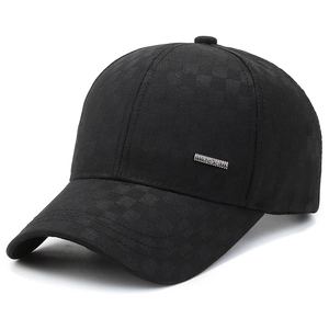 Classic men's black baseball cap with checkered jacquard texture and metal logo plate