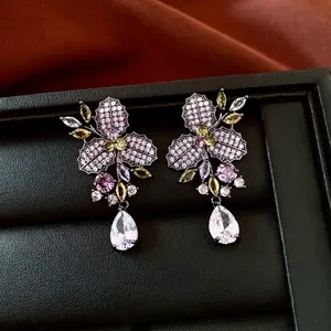 Orecchini A Pendente Floreali A Goccia Per Donna Lusso Zircone Colorato Rame Con Silver Earring Post Retrò