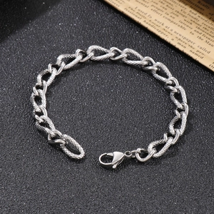 Men's hip hop silver stainless steel textured snake skin chain bracelet with lobster clasp