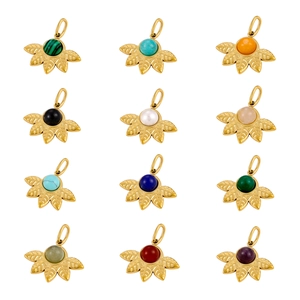 Twelve gold stainless steel sun leaf pendants set with colorful natural stones on white