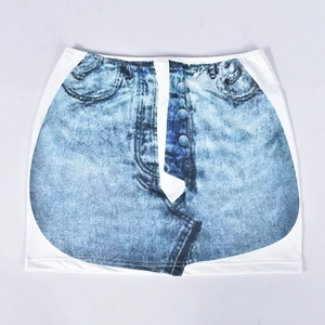 Flat lay of a white bodycon mini skirt featuring a realistic blue denim jeans visual print