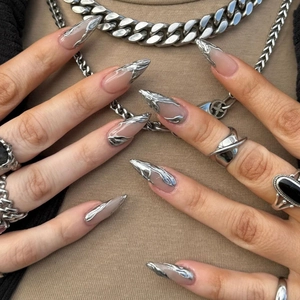 Press On Nails Almond Nude Pink French Style Artificial Fake Nails With 3D Silver Liquid Metal Chrome Embossed Design