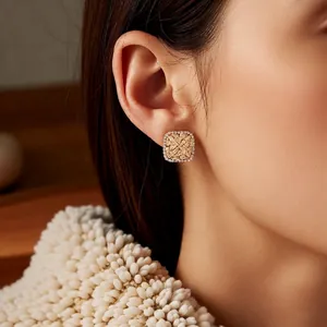 French vintage rhombus zircon stud earrings with 18K gold plating for an elegant look
