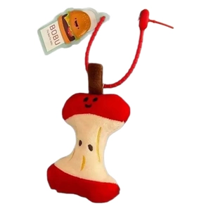 Cute apple core plush keychain with smiling face and red elastic cord on white background
