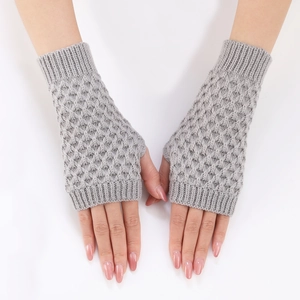 Short pineapple knit grey fingerless gloves for women, autumn and winter warm arm sleeves