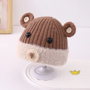 Dettagli del cappello invernale da orsetto per neonati in maglia marrone e crema