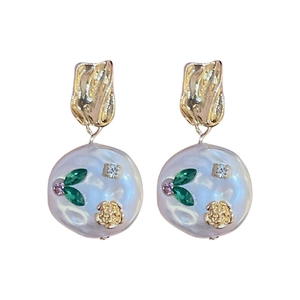 Vintage Baroque pearl flower earrings with colorful rhinestones and gold floral details