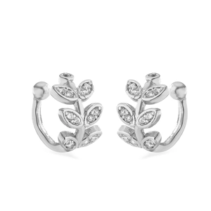 Detail of silver leaf ear cuffs with shimmering cubic zirconia stones on white background