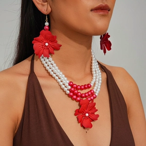 Multi Layer Imitation Artificial Pearl Necklace Red Flower Pendant Drop Earrings Statement Exaggerated Fashion Accessories For Women