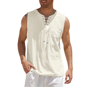 Men's cotton linen sleeveless shirt featuring a lace-up V-neck and chest pocket in cream