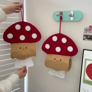 Cute mushroom wall mounted tissue box cover in red polka dot corduroy fabric
