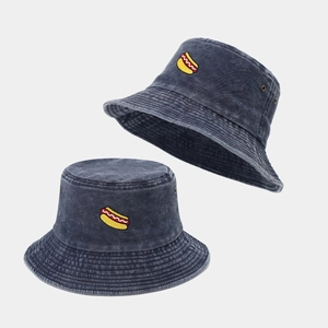 Retro Washed Cotton Bucket Hat With Hot Dog Embroidery For Men And Women Outdoor Sunshade Casual Vintage Distressed