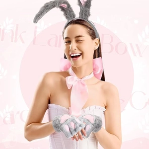 Detail of plush grey bunny ear headband, pink satin bow tie, and soft paw fingerless gloves