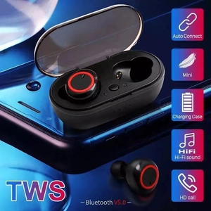 Detail view of TWS wireless earbuds V5.0 with HiFi sound and charging case