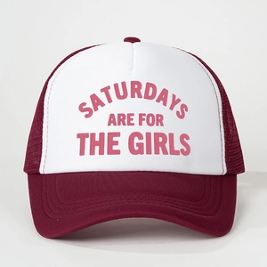Vintage burgundy and white Saturdays Are For The Girls foam mesh trucker hat with adjustable strap