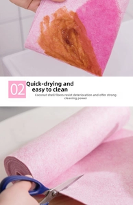 Absorbent pink coconut fiber dishcloth roll showing oil absorption and cut-to-size feature