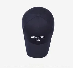 Top down view of a navy blue baseball cap with white New York N.Y. embroidery