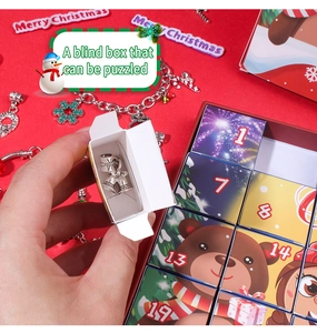 Detail of opening a Christmas advent calendar blind box with silver metal bell pendant