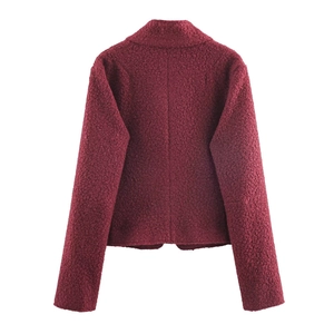 Deep red bouclé jacket for women with vintage slim fit and back view on white background