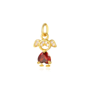 Detail of girl pendant featuring a heart-shaped ruby and sparkling white crystals
