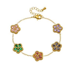 Bracciale in acciaio inossidabile dorato con cinque fiori di zirconi colorati e chiusura