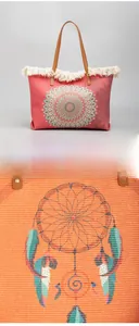 Detail of woven canvas tote featuring mandala prints, dreamcatcher patterns, and fringes