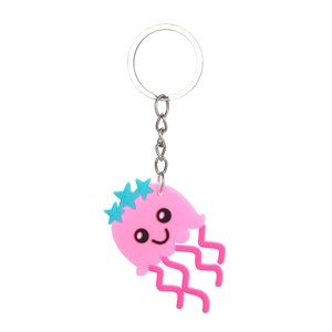 Pink cartoon jellyfish PVC keychain with blue stars and silver metal keyring