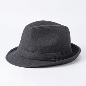 Classic dark grey wool fedora hat with decorative band on a minimalist white background