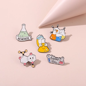 Set of 5 colorful science enamel pins featuring flasks and molecular structures on pink background