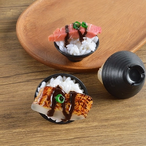 Realistic miniature sushi rice bowls model featuring salmon and eel on a wooden tray