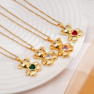 Gold-plated bear necklace with colorful heart-shaped cubic zirconia pendants set