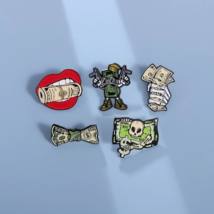 Cartoon Skull Dollar Enamel Pin Alloy Brooch Trendy Personality Money Lips Bow Tie Badge Pin For Clothing Hat Decoration