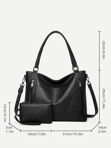 Detailed size specifications for large black pebbled tote bag with small zipper pouch
