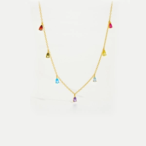 Elegant S925 silver necklace with multi-color pear-shaped cubic zirconia charms